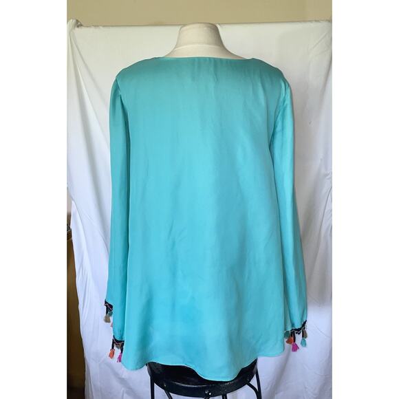 Judith March Top Womens Large Bell Sleeve Boho Pom Pom Fringe V-neck - Picture 3 of 16